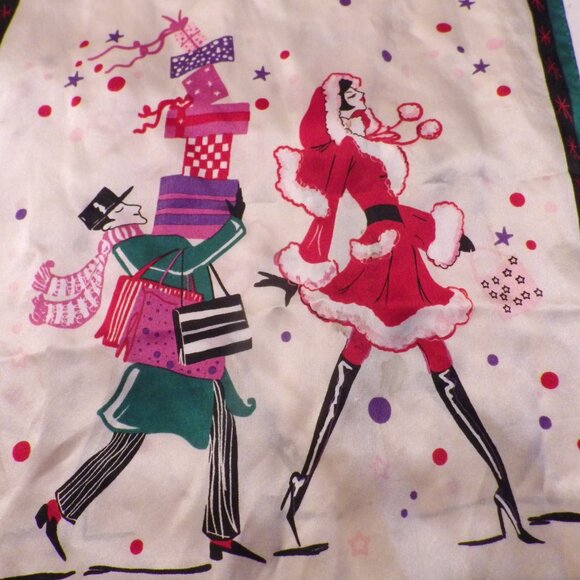 Vintage Silk Scarf/ Cute Christmas Shopping Theme/ Mrs Santa Claus - Picture 3 of 5